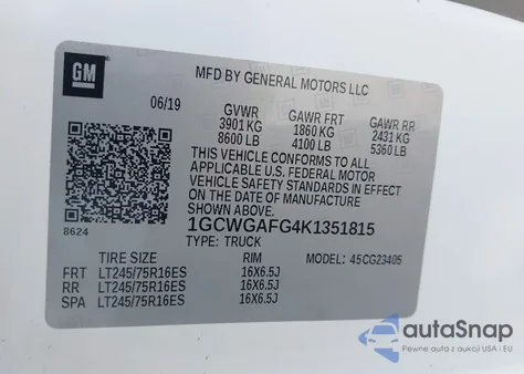 2019 Chevrolet Express 2500 Work Van из США, поврежденный, VIN 1GCWGAFG4K1351815